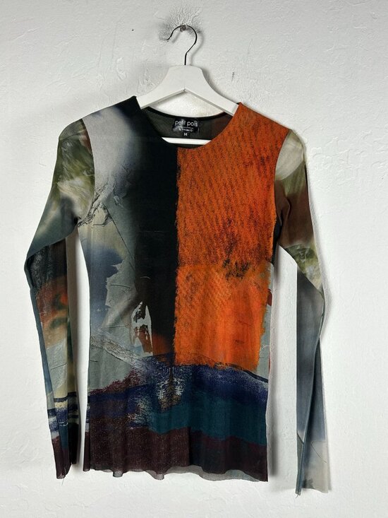 Petit Pois By Viviana G Tops - Petit Pois By Viviana G Womens Long Sleeve Top Abstract Print Sheer Medium Multi